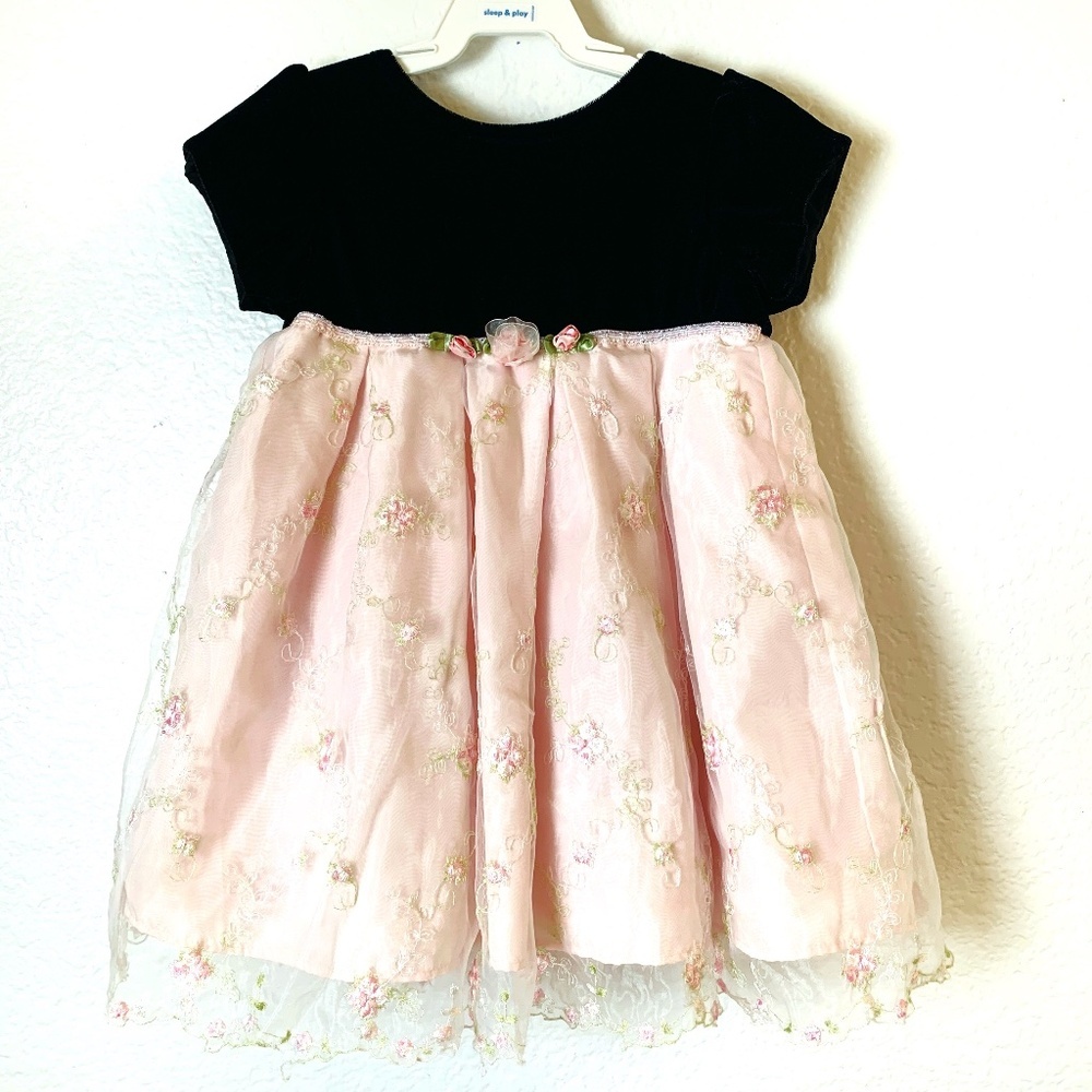 Marmellata Holiday Dress Baby 18 Months Black Velvet Pink Embroidered Floral